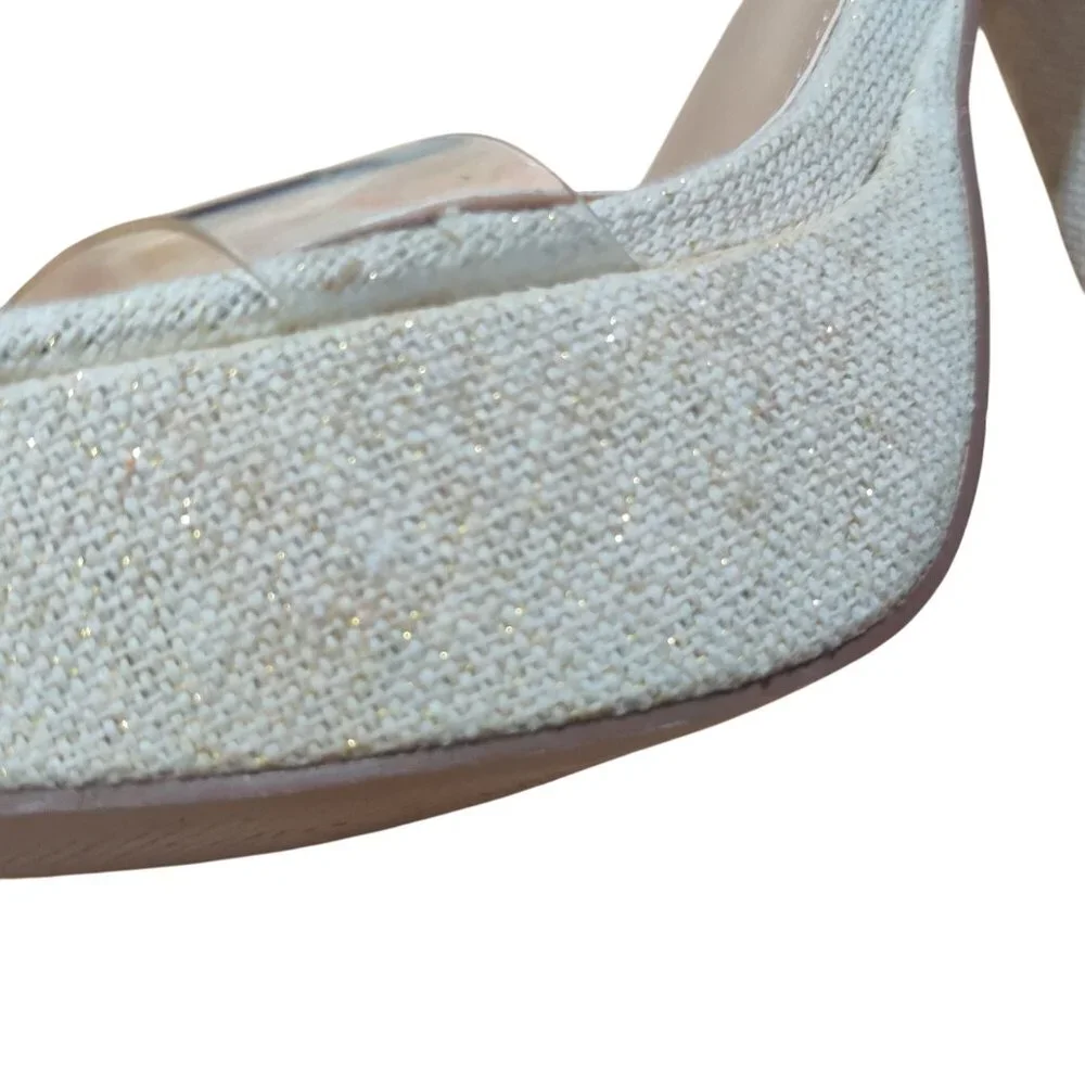 JustFab 8 Platform Block Heel Clear Strap Sandals Gold Glitter Linen Bridal Chic